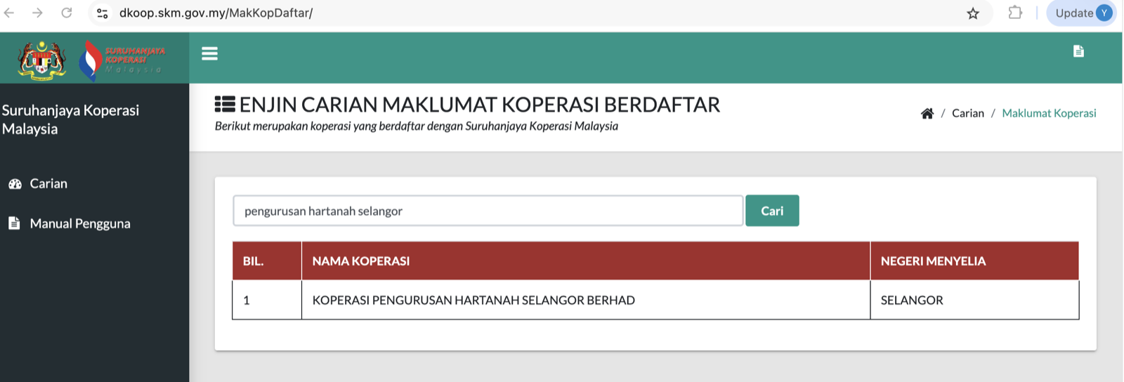 Hasil carian rasmi SKM bagi Koperasi Pengurusan Hartanah Selangor Berhad